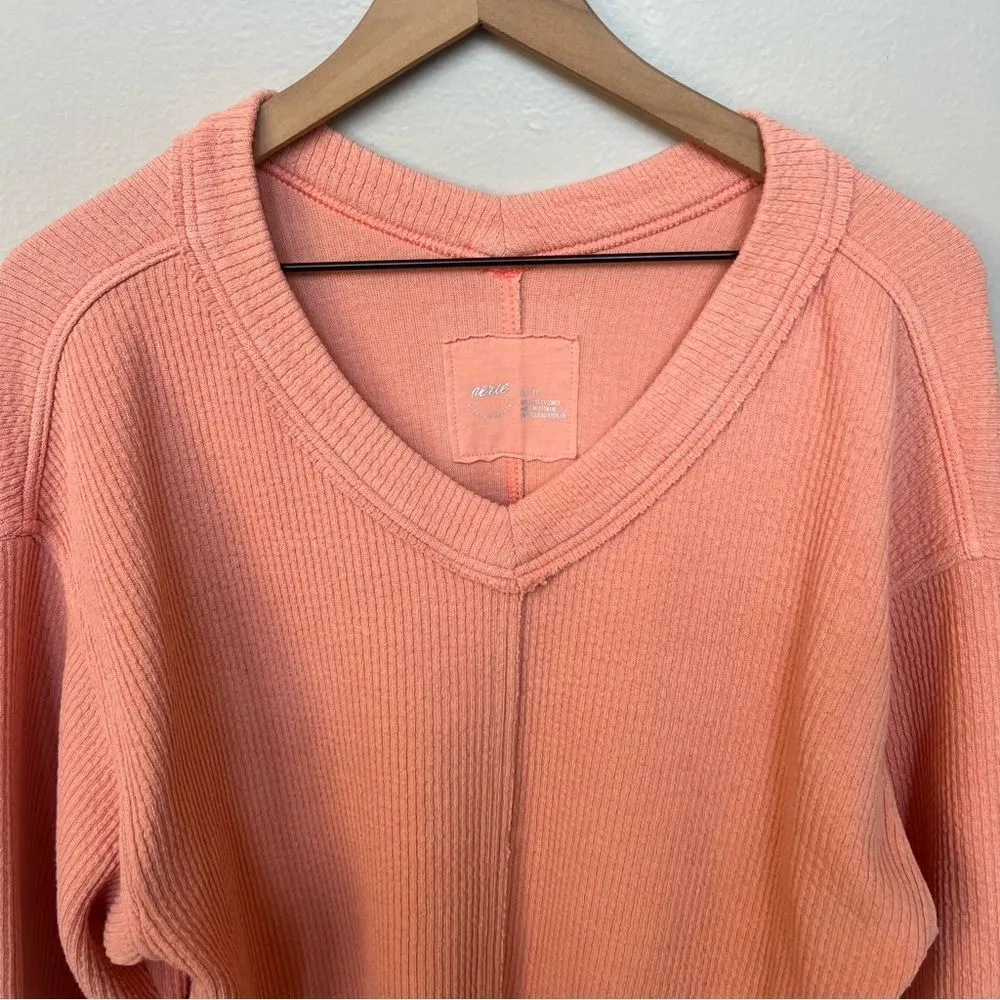 Aerie Wonder Textured V Neck Oversized Sweatshirt Saturn Peach Top Coral Orange - Image 5