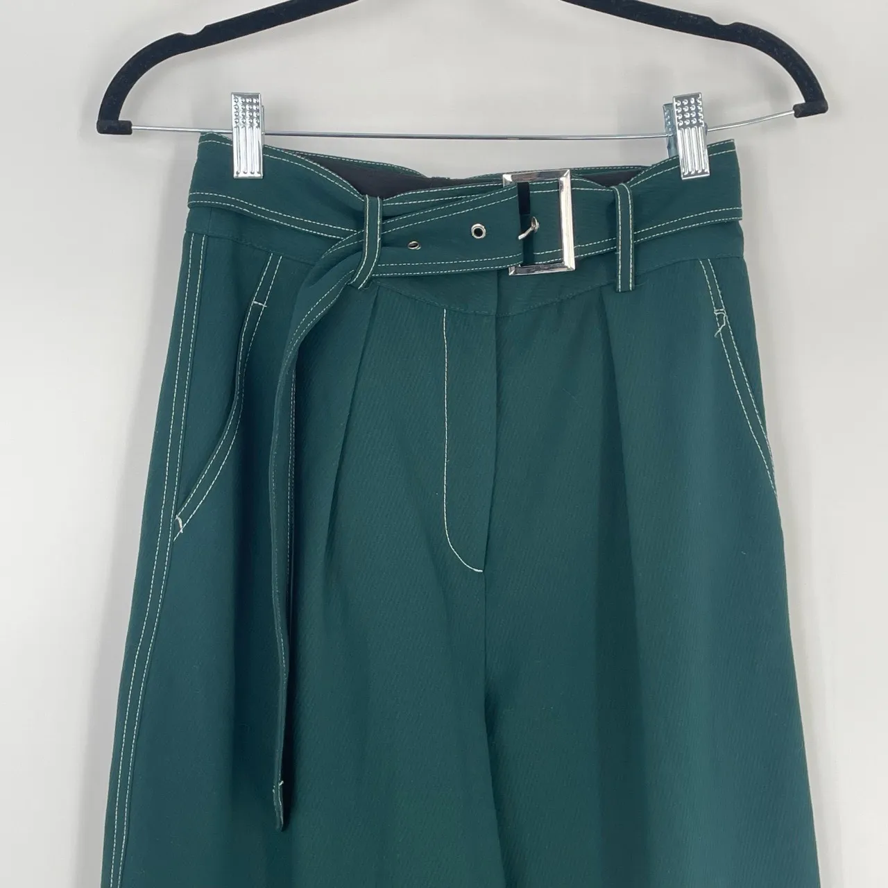 Topshop Women's Green Belted Contrast Stitch Highwaisted Trousers Pants Size US4 - Image 3