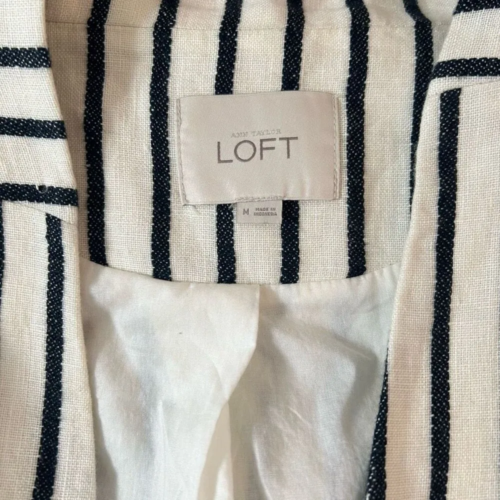 Ann Taylor Loft White and Navy Blue Striped linen Blazer Jacket Size Medium - Image 7