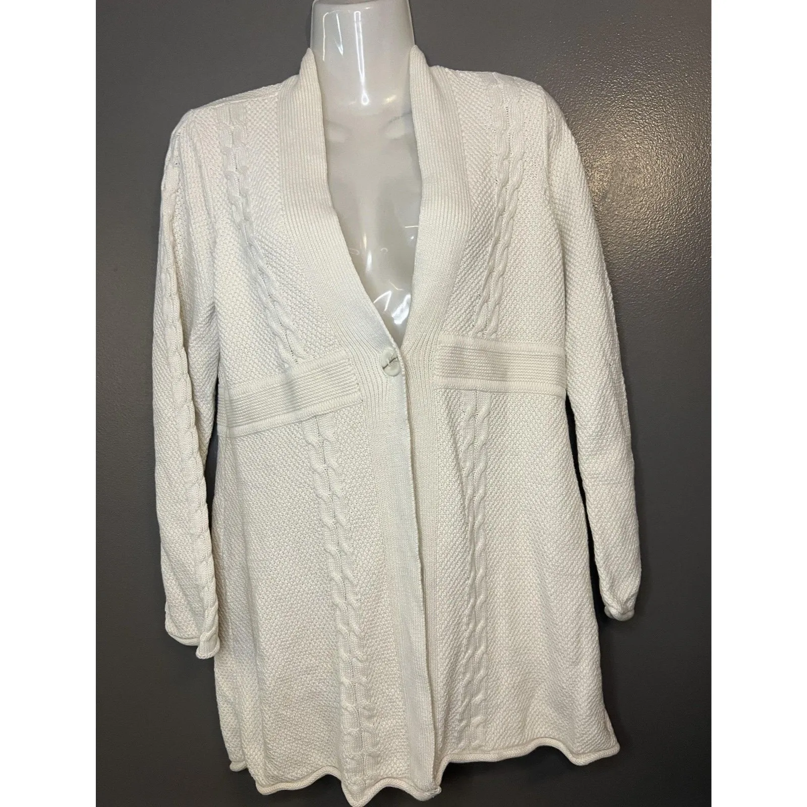 Lizwear Cardigan Sweater Womens Medium White Cable Knit Open Front Shawl Collar - Image 2
