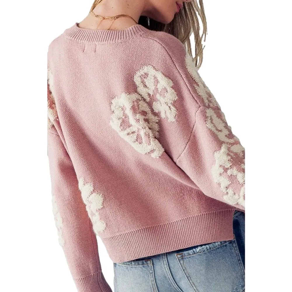 Dreamers by Debut Embroiled Floral Knit Crop Pink Sweater Size M - Image 2
