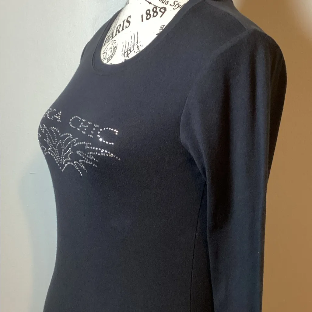 BIKA CHIC LONG SLEEVE SPARKLY COTTON TEE RHINESTONE EMBELLISHED BLACK SZ LG - Image 5