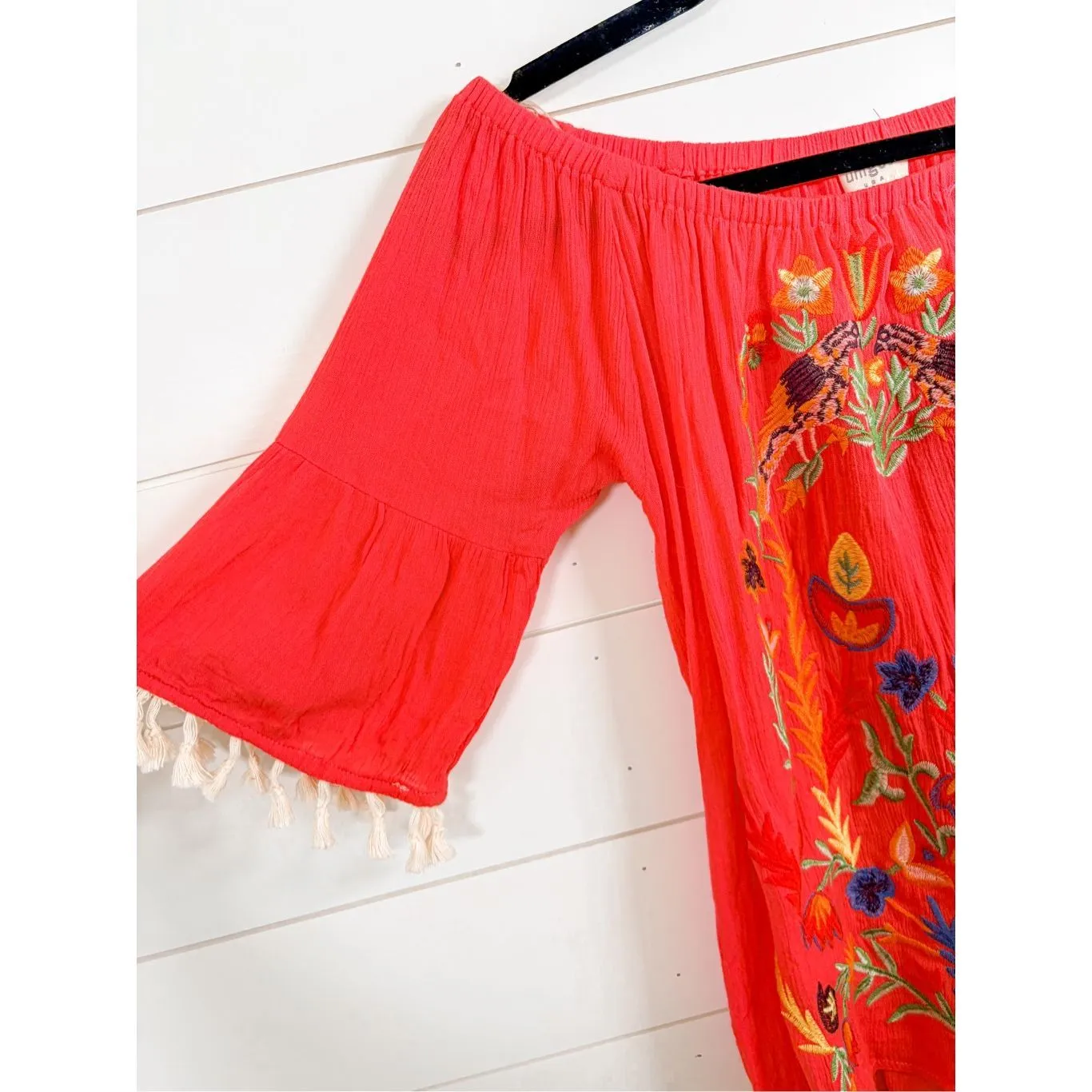 Umgee Women's Floral Embroidered Fringe Bohemian Off The Shoulder Top Red Small - Image 3