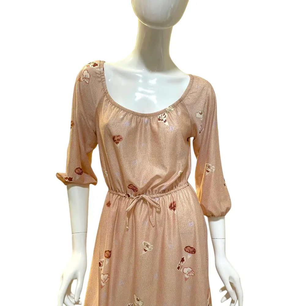 Vintage 70s Floral Brown Summer Sheer Midi Dress Small FlorBusiness Party Look Size M - Image 5