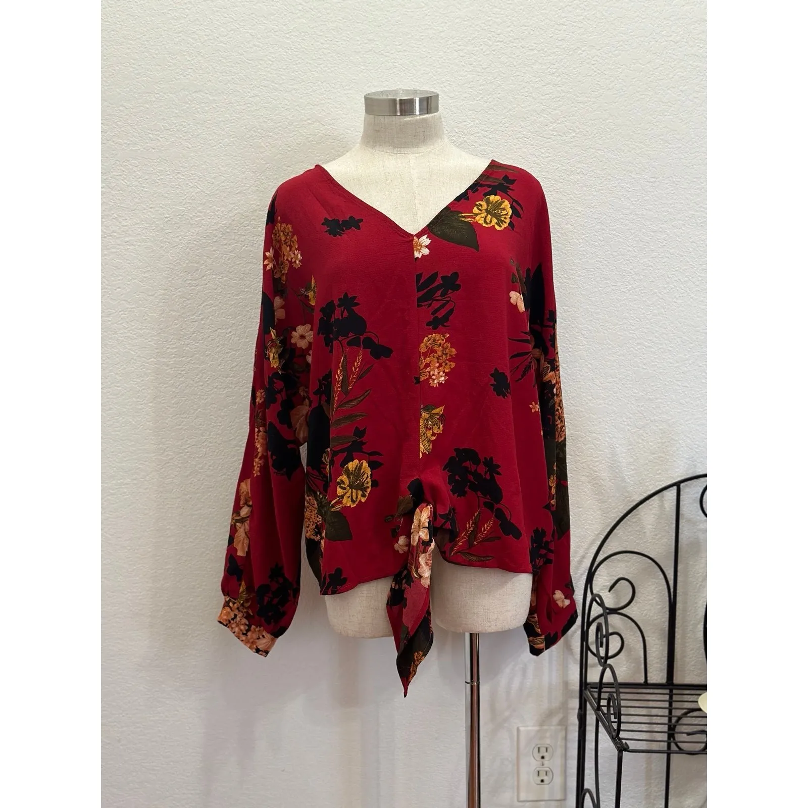 Floral Tie Front Blouse Burgundy Red Long‎ Sleeve V Neck Top - Image 2
