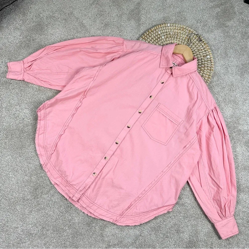 Free People We The Free Happy Hour Poplin Top Oversized Longsleeve Pink XS - Image 3