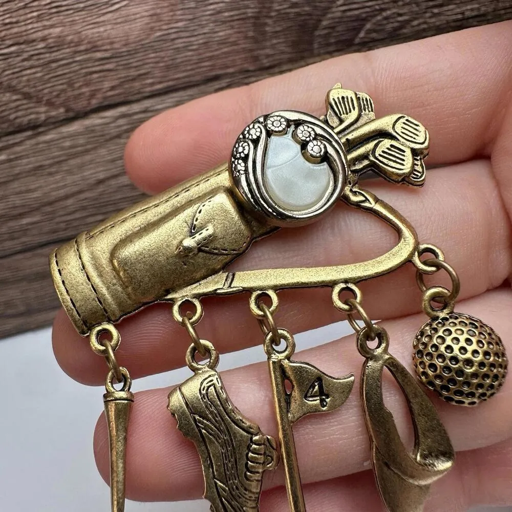 Golf Club Bag With Golfing Charms Brooch Pin Gold Tone - Image 5