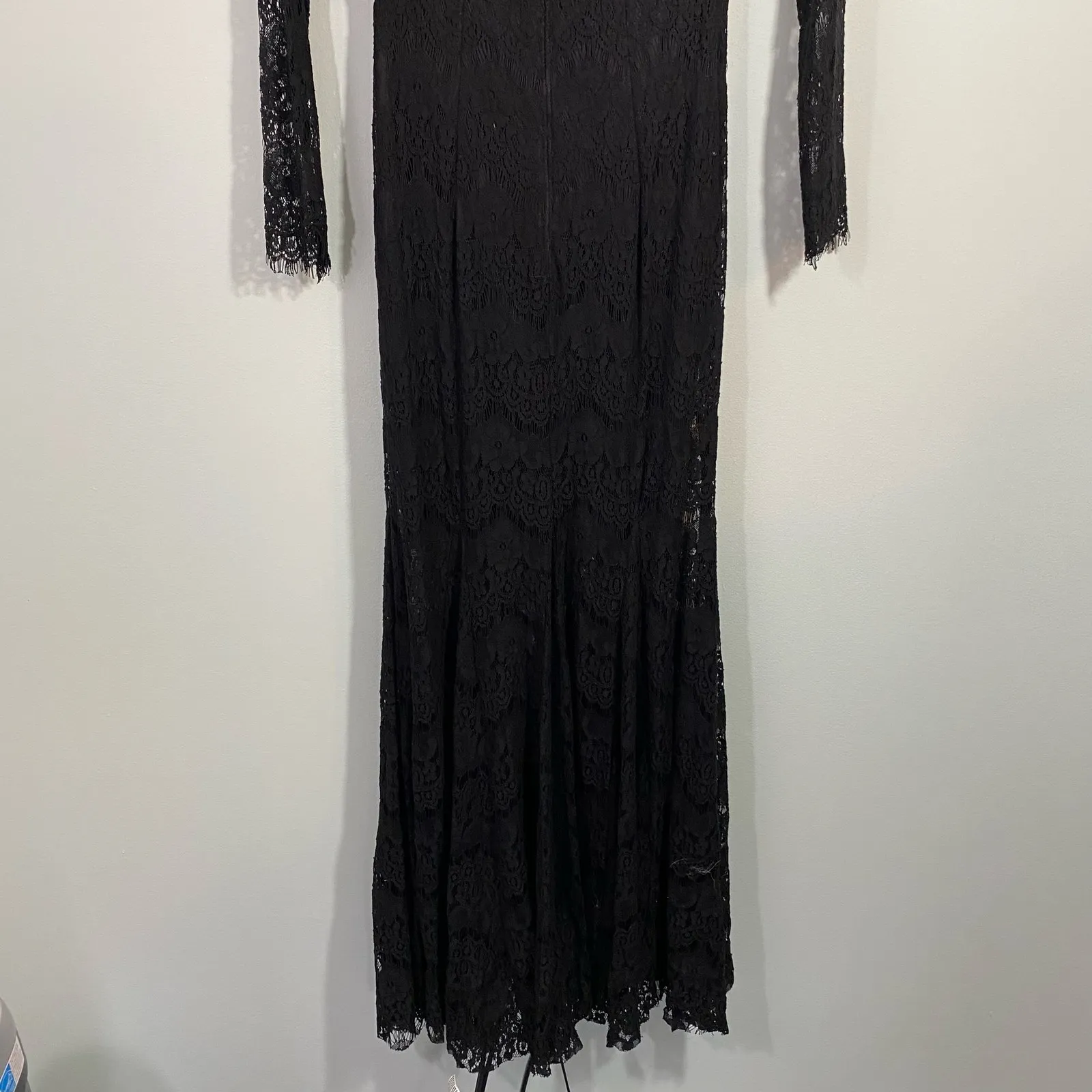 Betsy Adams Black Lace Overlay Mermaid Maxi Dress Size 4 Morticia Addams - Image 7