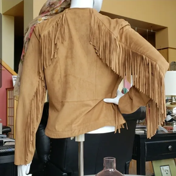 NWOT Live a Little faux brown suede fringe moto M - Image 2