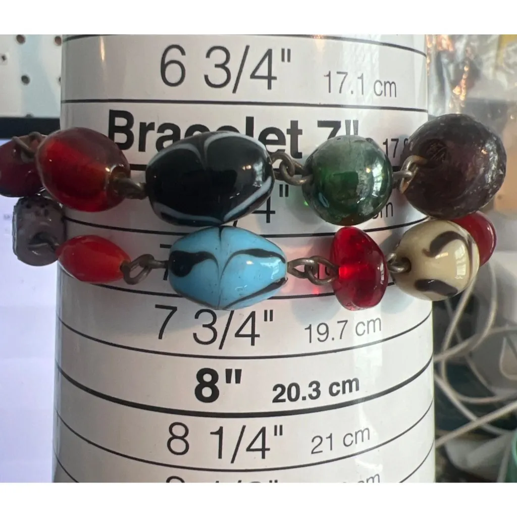Vintage Double Strand Glass Bead Necklace Multi Color Lobster Clasp 7.5" READ Red - Image 6