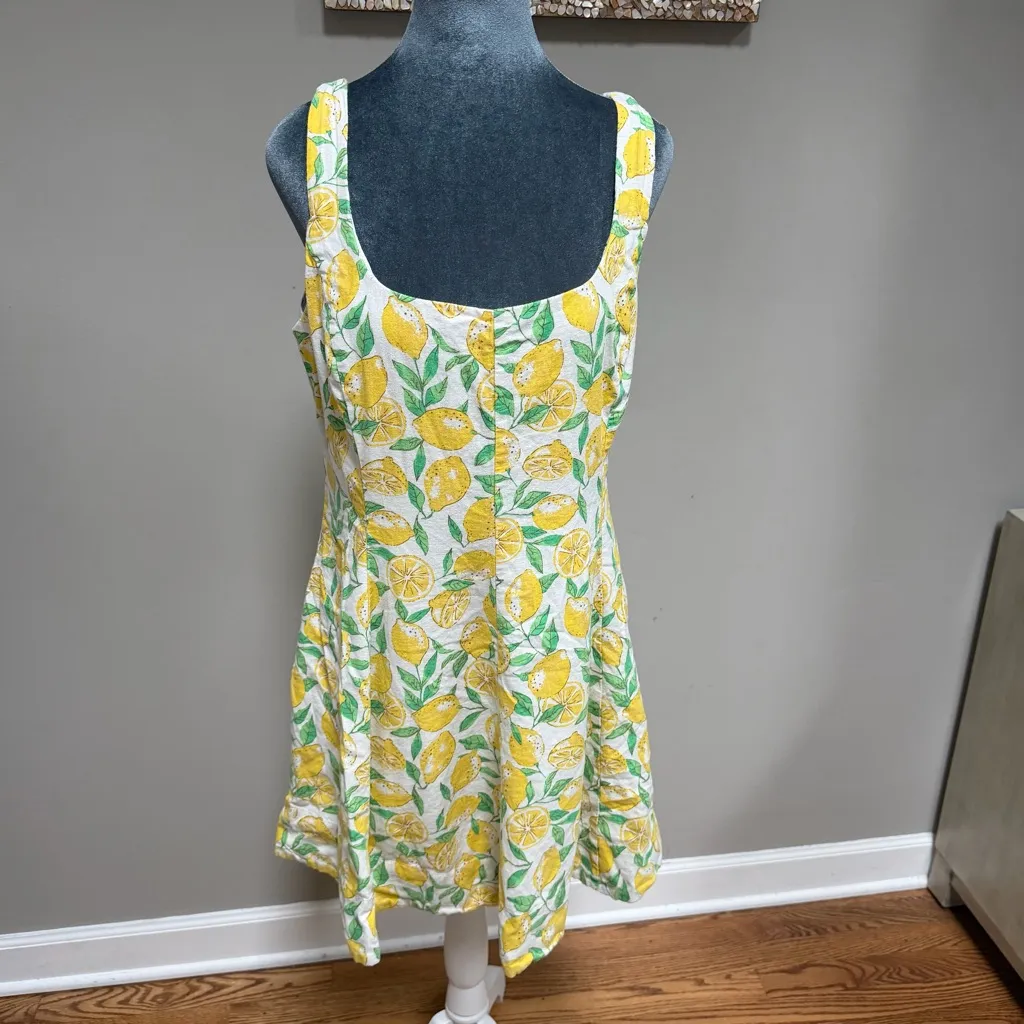 Gap lemon print cotton linen cotton mini sun dress size large side zip smocked - Image 2