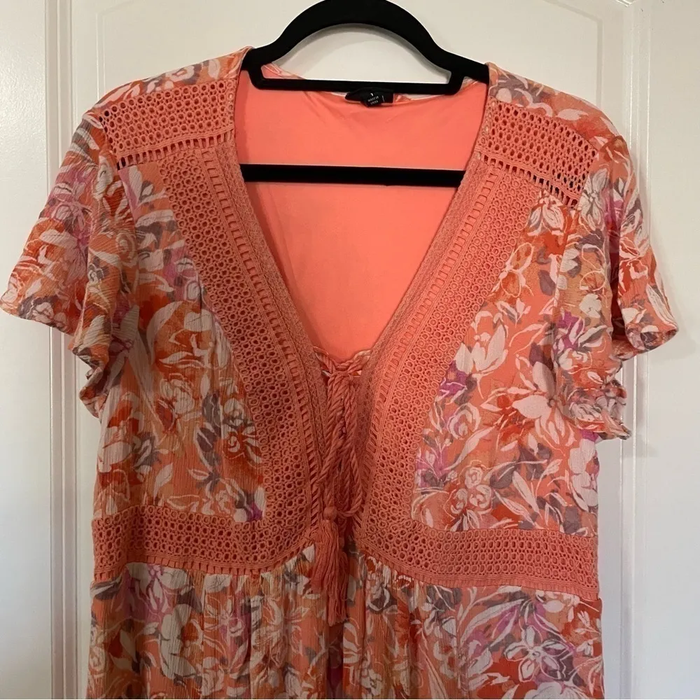 Torrid Lace Up Tea Length Dress - Crinkle Gauze Floral Coral - Image 8