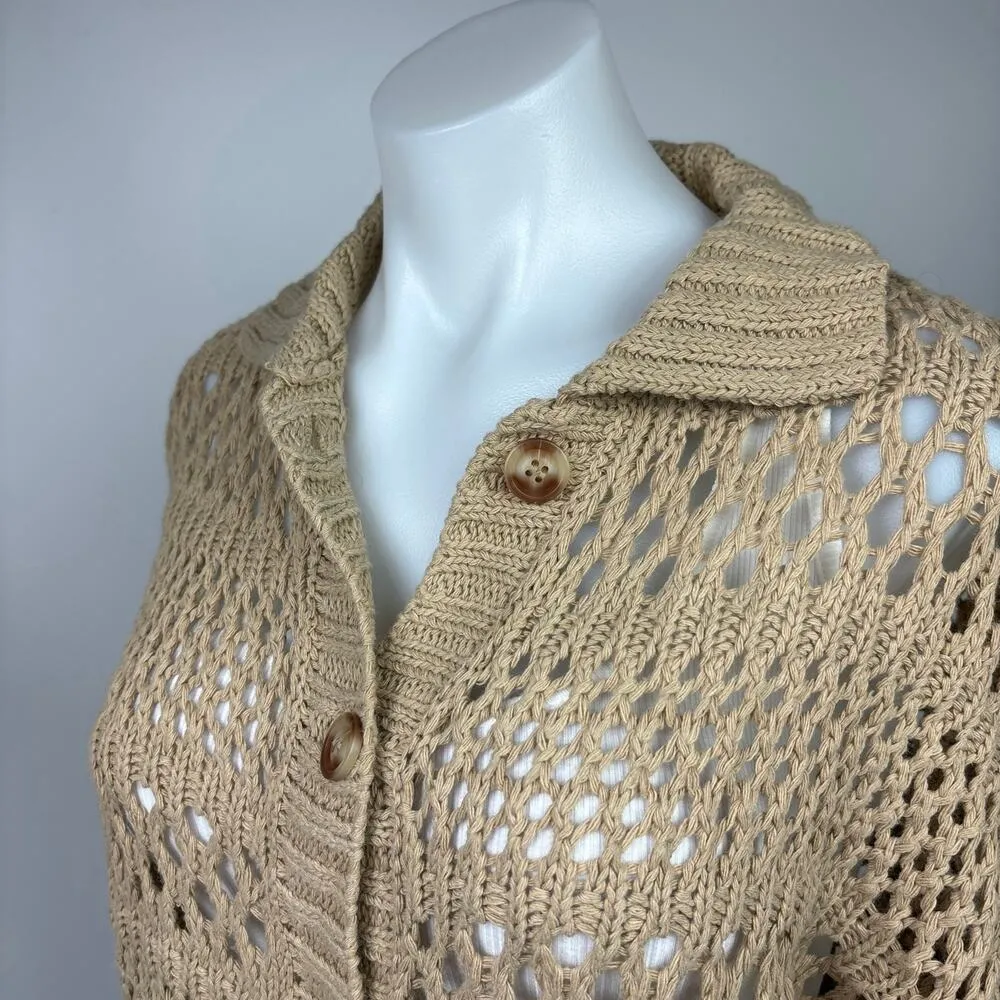 Gilli Beige Collared Button Down Crochet Knit Boho Cardigan Sweater Top Size S Brown - Image 5
