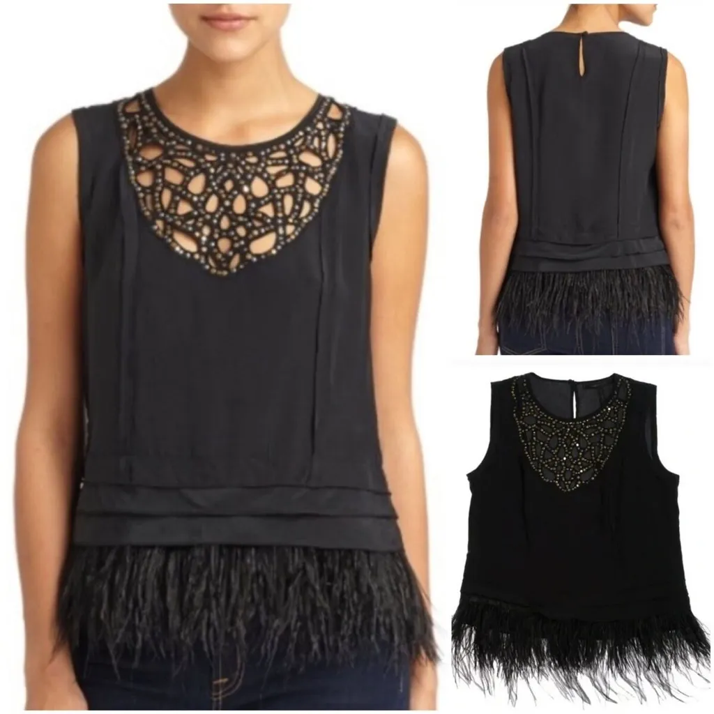 BCBGMaxAzria Dracey Sequin Feather Top Size Small - Image 2