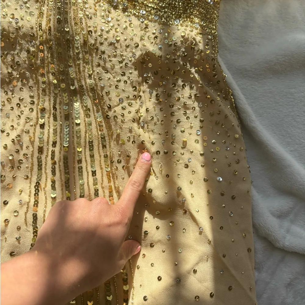 Basix Black Label Gold Sequin beaded embellished silk stone Strapless mini Dress Size 4 - Image 11