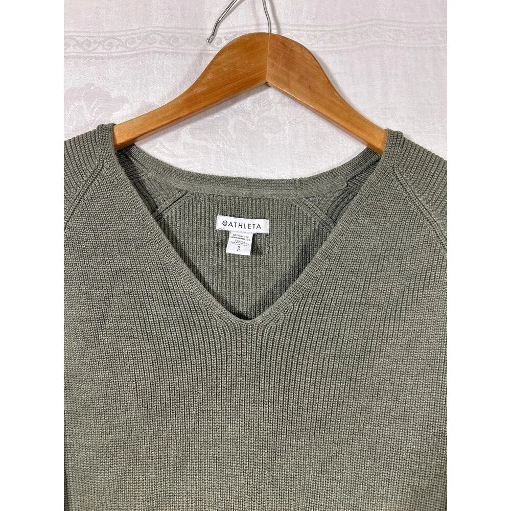 Athleta Sweater Small Olive Green Ribbed V Neck Long - Image 5