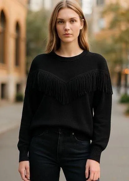 Chelsea & Theodore Fringe Crewneck Sweater Viscose Blend Black L Size L - Image 1