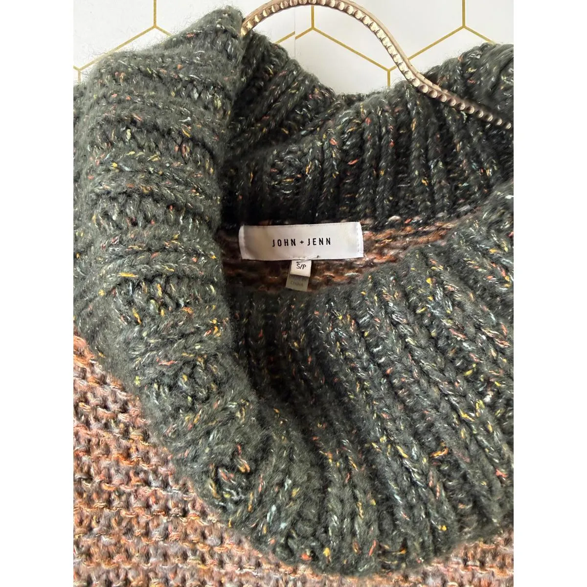 John + Jenn Green & Brown Marled Chunky Knit Turtleneck Sweater - Size - Small - Image 4