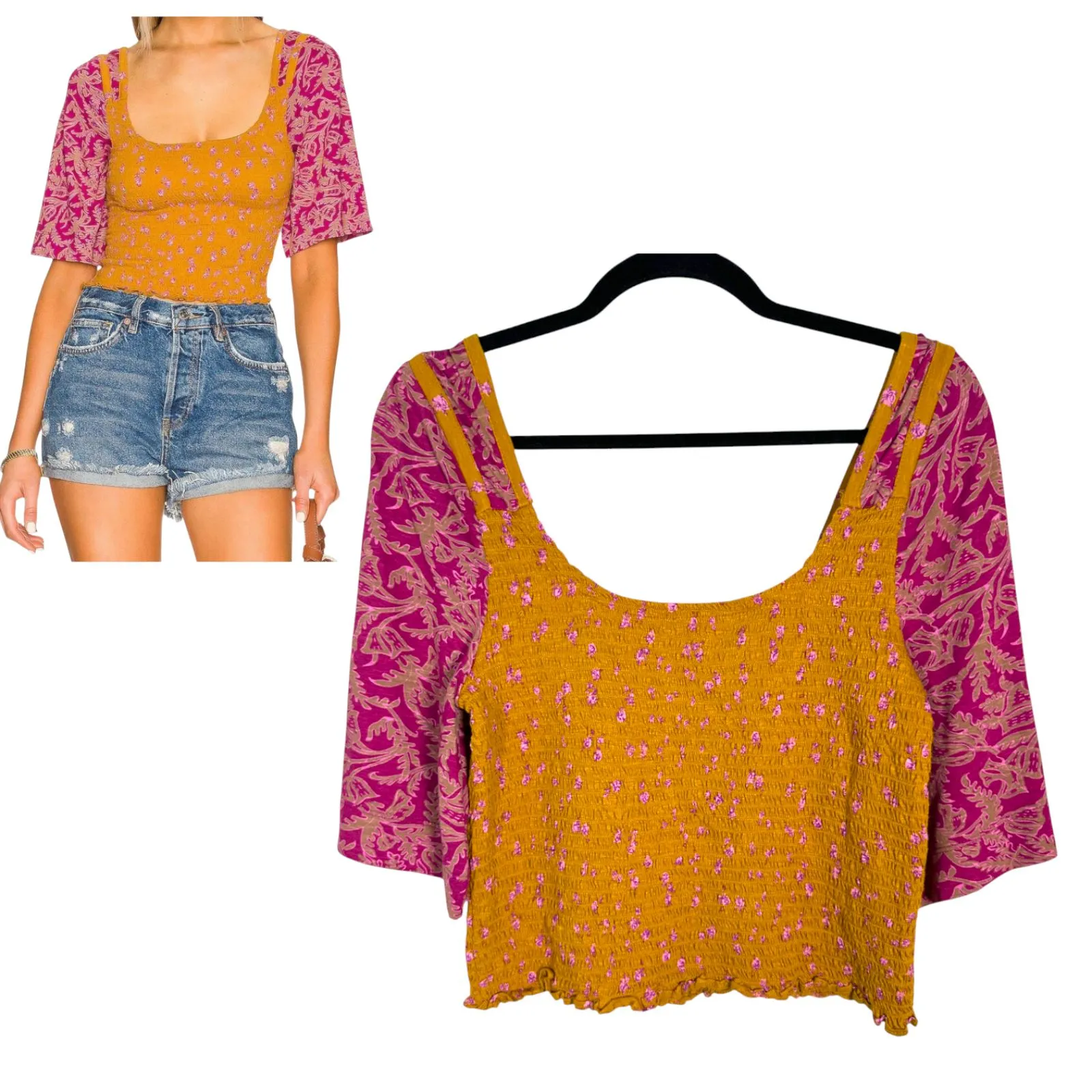 Free People Marigold Smocked Square Neck Golden Combo Size Large - Image 2