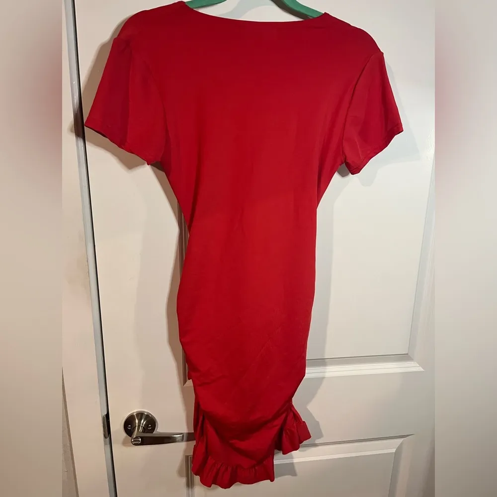 SHEIN Red Ruffled Belly-Cut-Out Tie Ruched Skirted Fiesta Party Dress Size M - Image 4