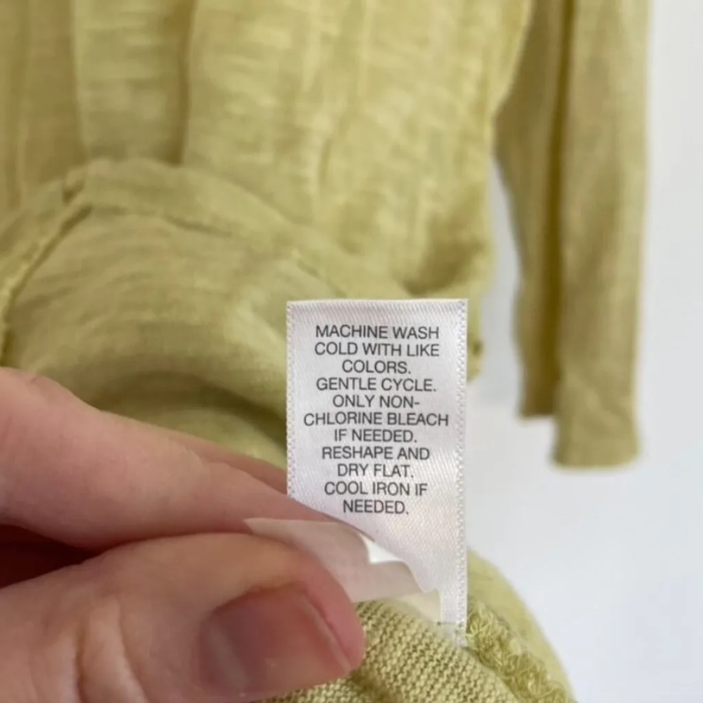 J. JILL Linen Blend Top Chartreuse Green V-Neck 3/4 Sleeve Crochet Asymmetrical - Image 9