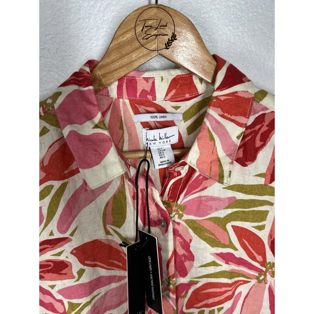 Nicole Miller Washable Linen Tropical Floral Button Shirt Shift Dress Small - Image 2