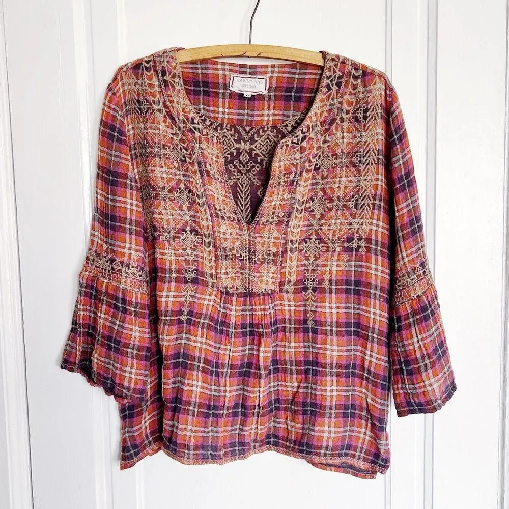 Johnny Was • Megan Flare Sleeve Blouse orange cotton plaid swing top embroidered - Image 2