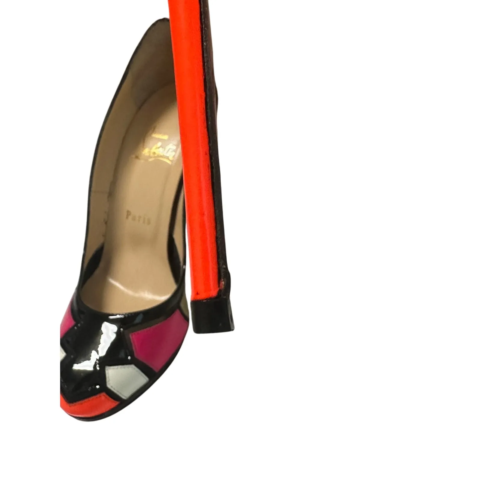 Christian Louboutin Astrogirl Patent Colorblock Heels Black Pink Gold 38 - Image 13