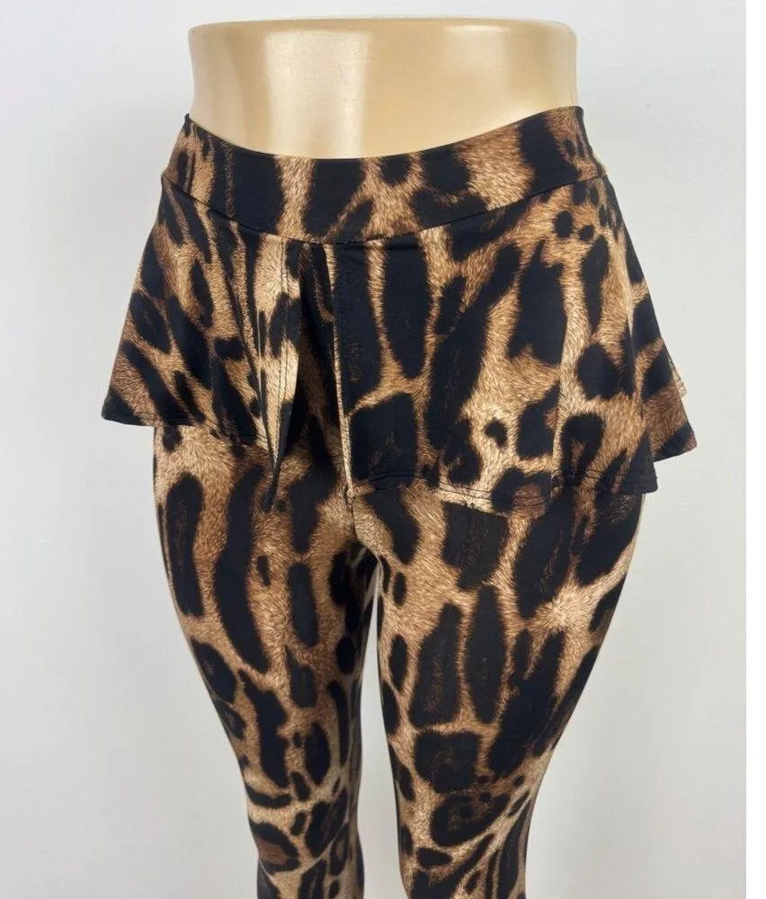Women's Sabora Leopard Animal Print Peplum Accent Leggings Size Small Brown - Image 4