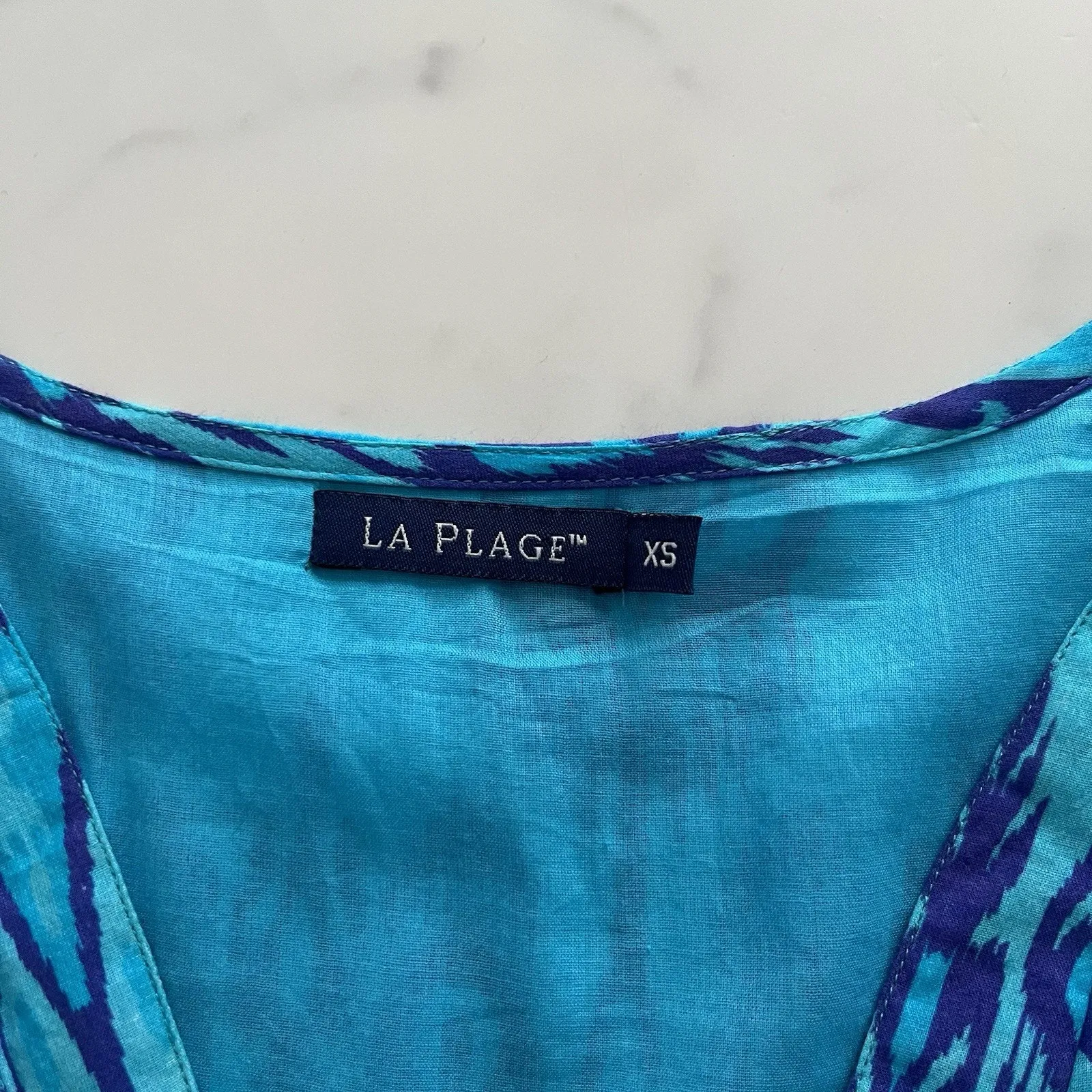 La Plage Bailey Tiered Maxi Dress Cotton Batik Leaf Blue coastal Boho Size XS - Image 3