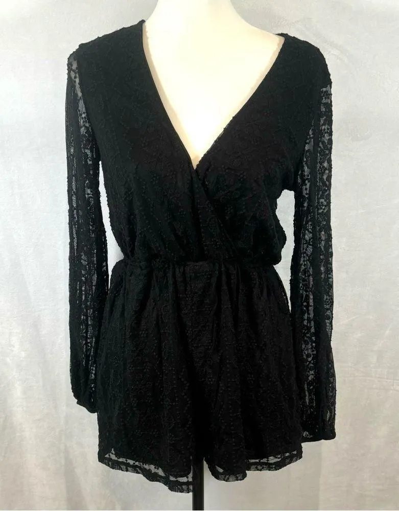 long sleeve black lace surplice top romper size small - Image 3