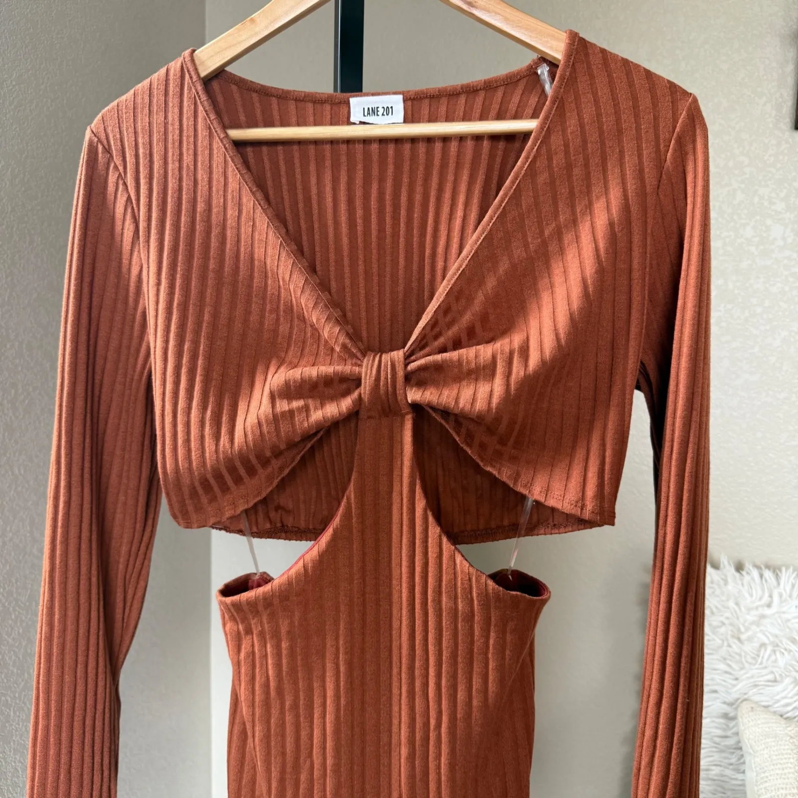 Lane 201 Cutout‎ Mini Dress Ribbed Long Sleeve Dress Size L - Image 2