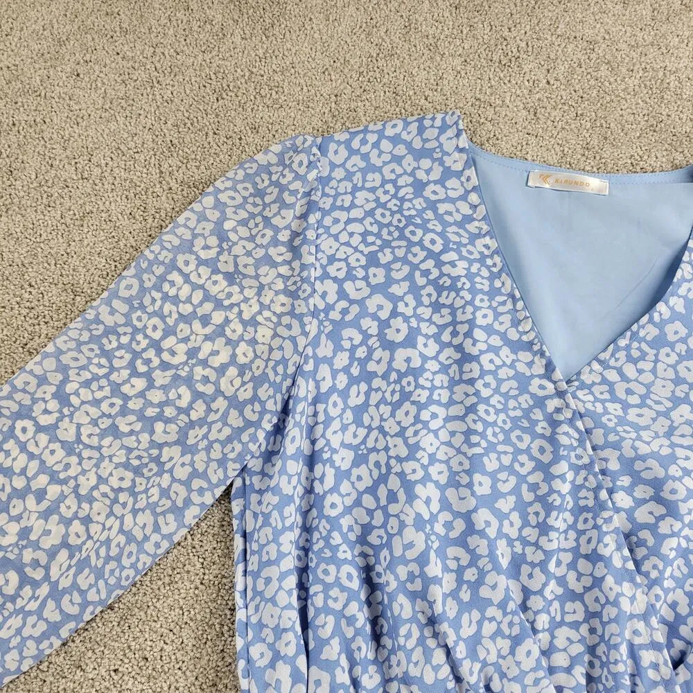 Kirundo Womens Dress Small Blue Floral Faux Wrap Ruffle Tiered Long Sleeve Flowy - Image 3