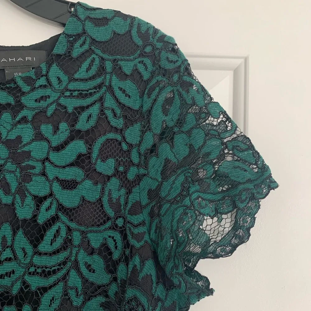 Tahari Lace Illusion Short Sleeve Cocktail Dress - Size 12 -‎ Green/Black - EUC - Image 4