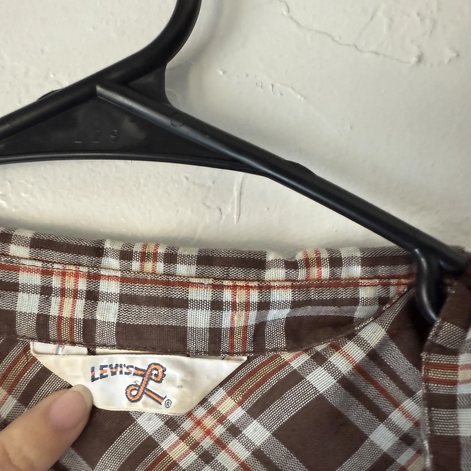 Vintage Levis Shirt Womens Large Brown Plaid‎ Button Up Short Sleeve Western 70s - Image 2