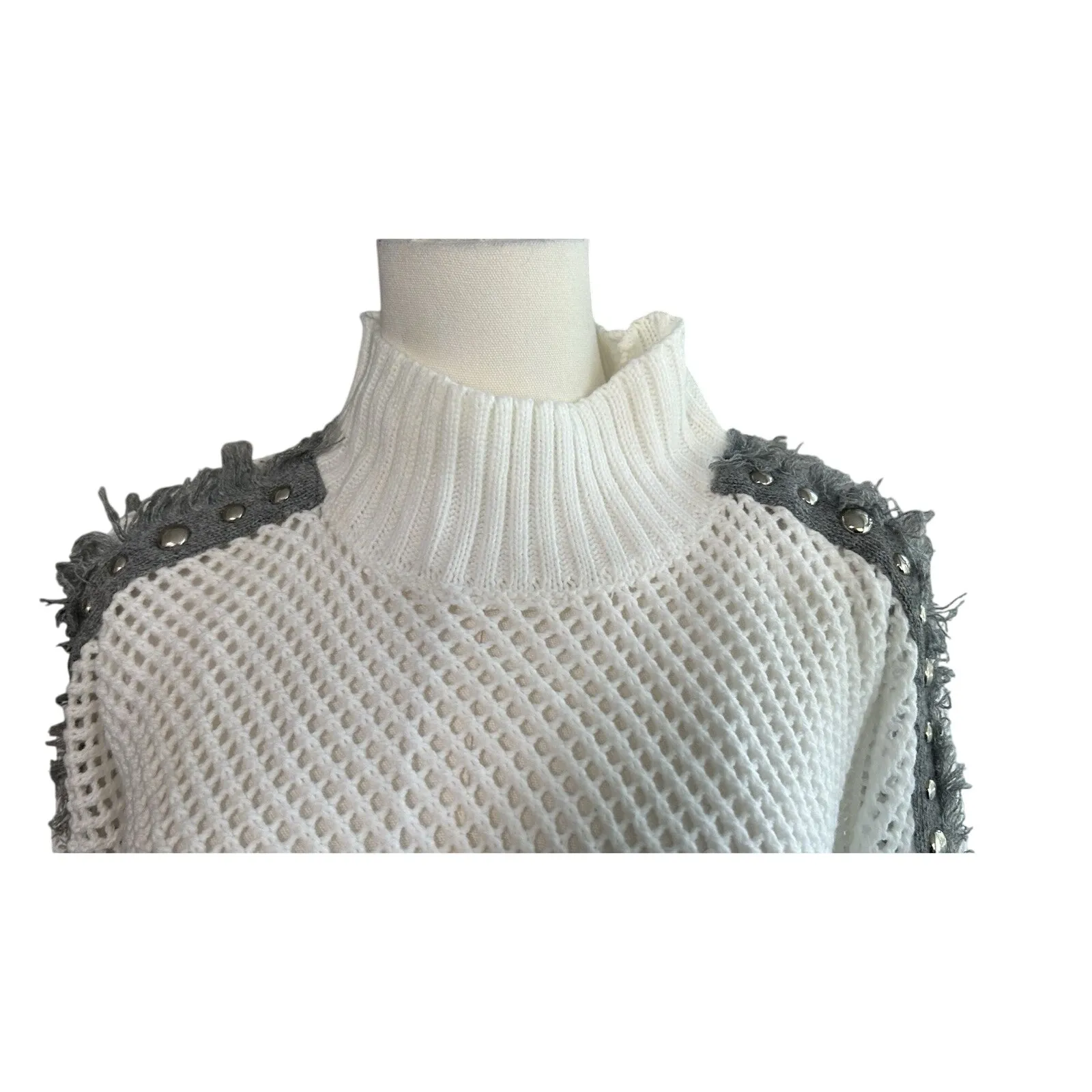 Ashley Stewart NWT Sweater Open Knit Silver Beads Fringe 1X Boho Feminine Causal - Image 2