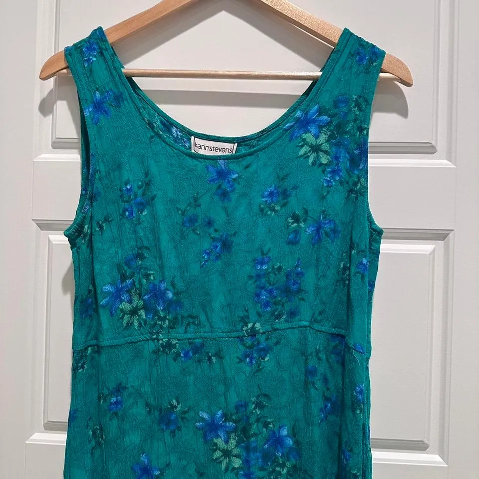 Vintage Karin Stevens Lightweight Sleeveless‎ Blue Green Floral Midi Dress Sz 12 - Image 2