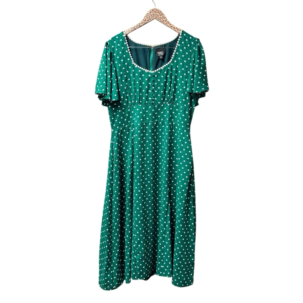 Unique Vintage Polka Dot Godet Short Sleeve Midi Dress Retro Green XL 14 - Image 2