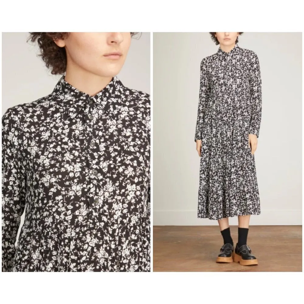 💕GANNI💕 Printed Crepe Layer Midi Dress ~ Viscose Black Floral Print 36 EU - Image 8