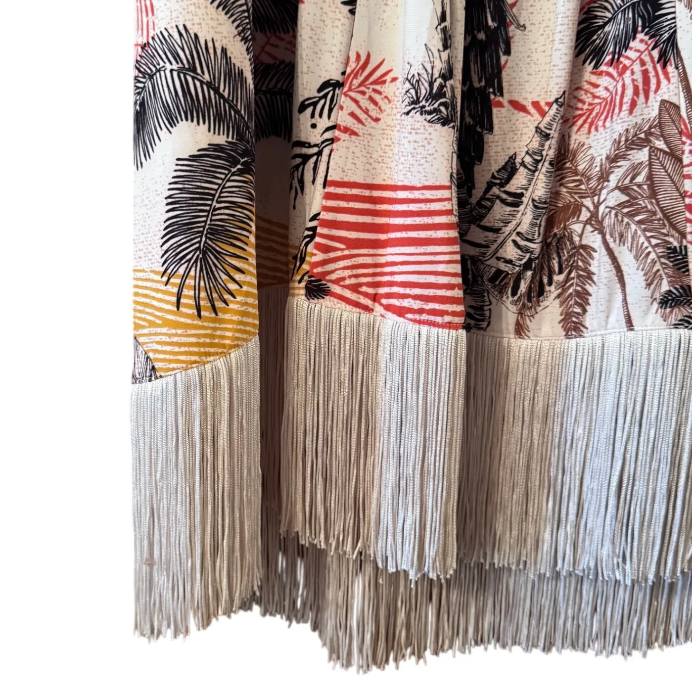 Attitudes by Renee Maxi Skirt XL Tropical Palm Print Beige Fringe Trim Boho Tan - Image 5