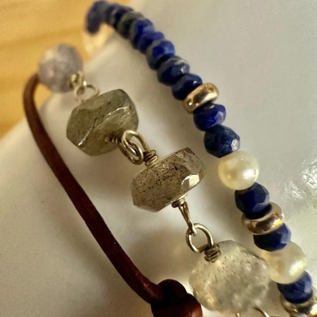 Sterling Silver Labradorite, Lapis, Pearl & Leather multi strand Bracelet - Image 4