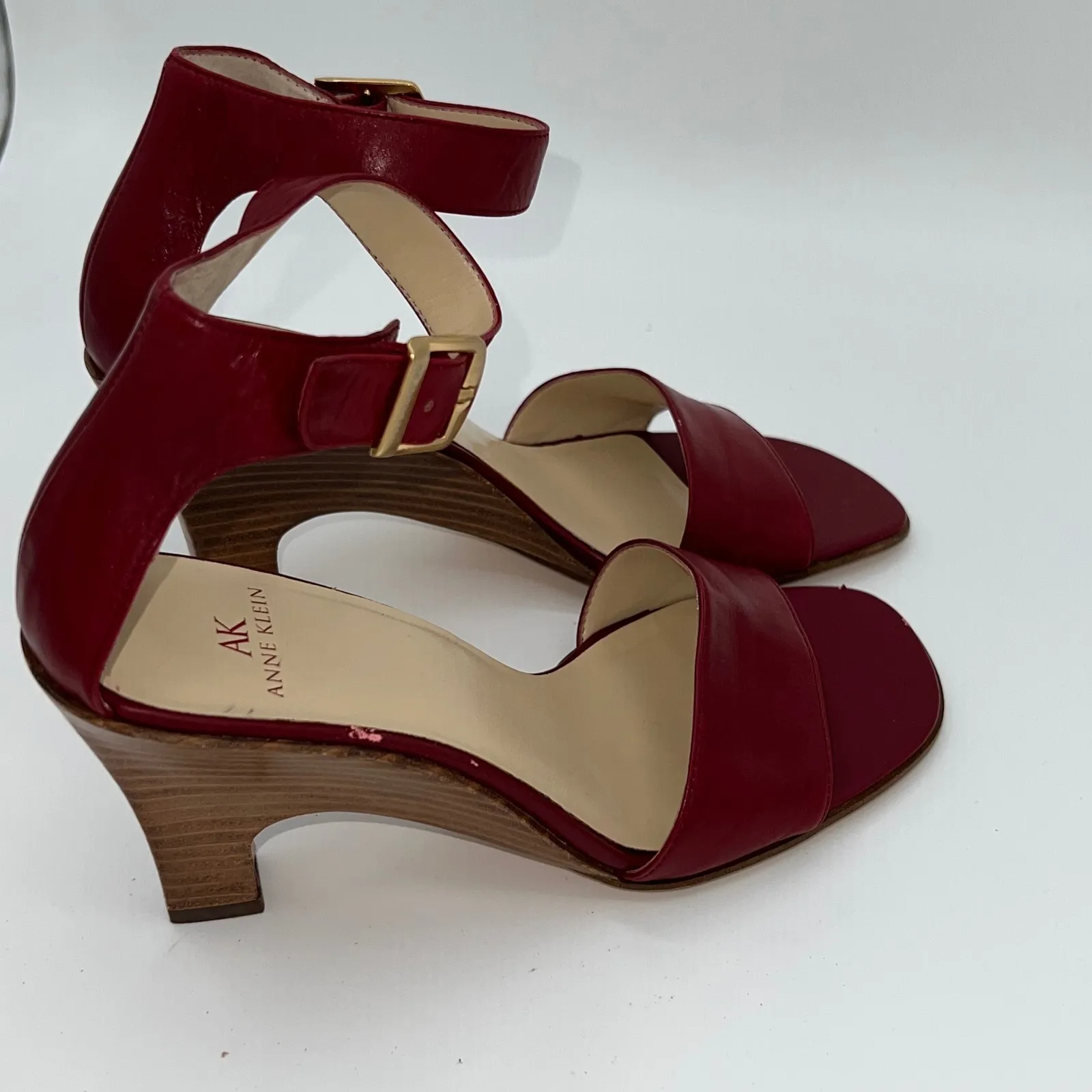 AK Anne Klein Red Leather Ankle Strap Wedge‎ Heel Sandals Women's Size 6M - Image 10