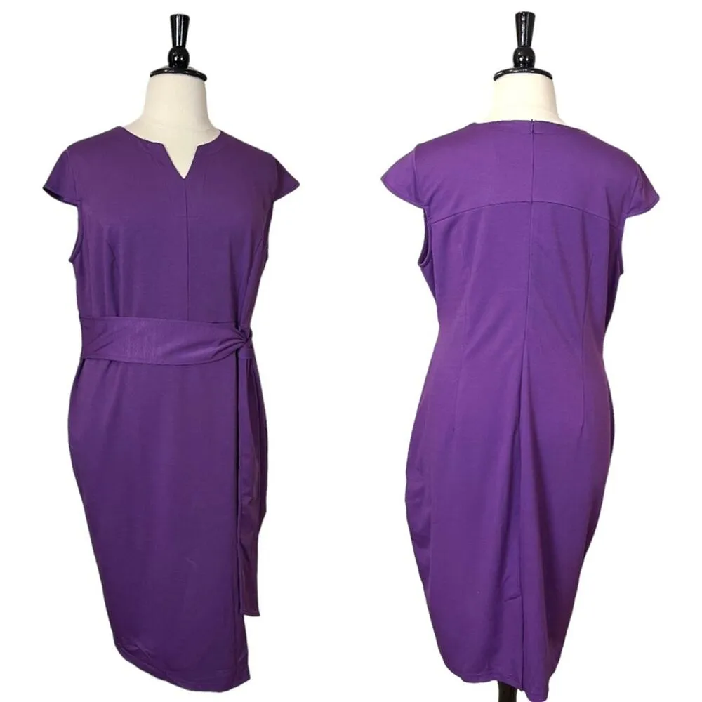 Hannah Nikole Sheath Dress Midi Split Neck Tie Waist Cap Sleeve Purple 22W New - Image 14