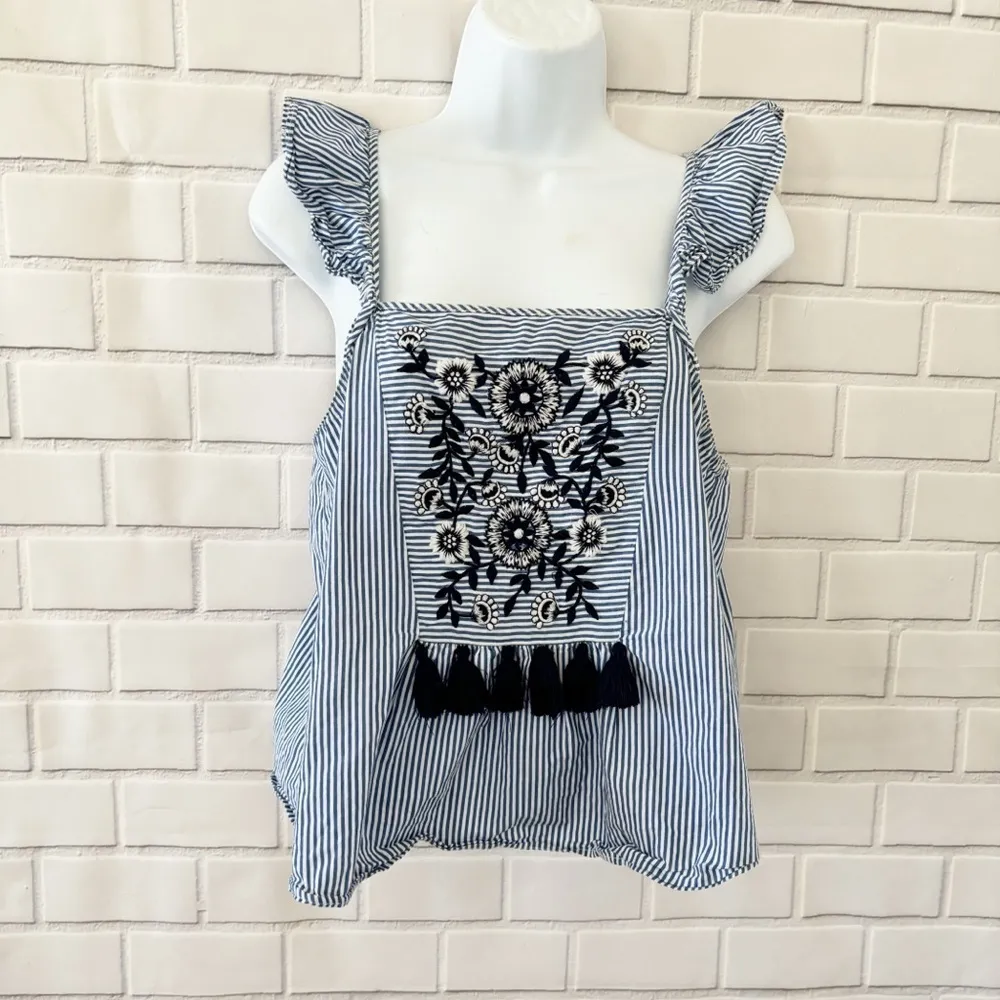 ZARA Blue White Stripe Embroidered Tassel Square Neck Ruffle Strap Tank Top M - Image 2