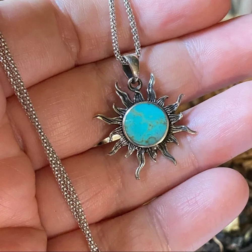 Turquoise Sunburst Sterling Silver Necklace Pendant Blue - Image 5