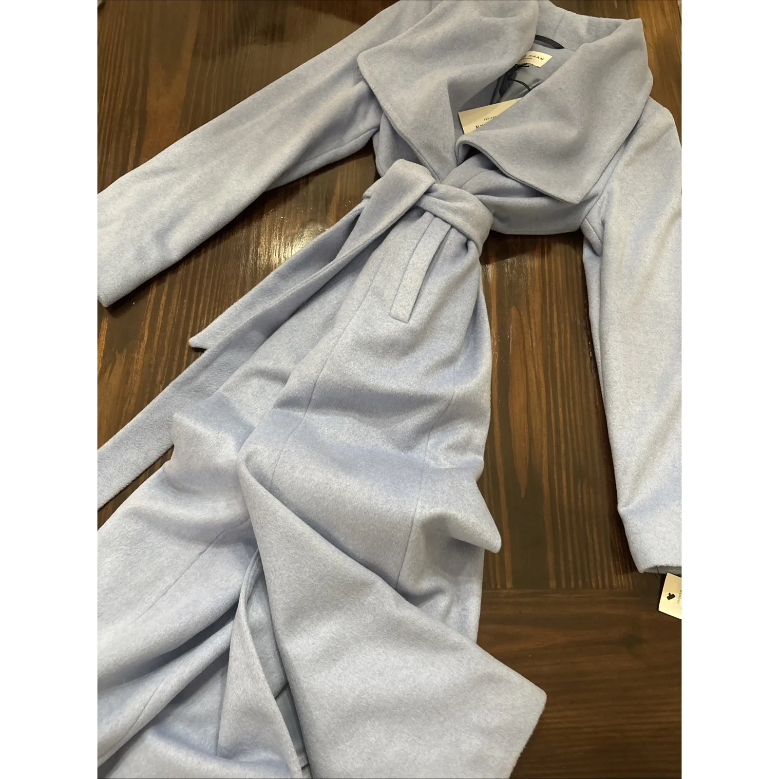 $460 Cole Haan Sz 10 Slick Premium Wool Blend Belted Wrap Trench Coat Ice Blue - Image 2