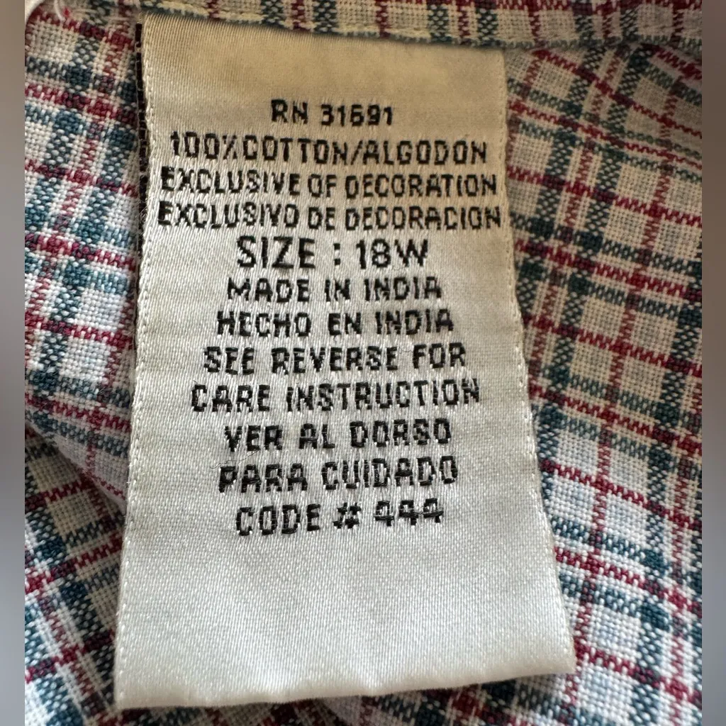 Vintage Embroidered beaded Plaid Shirt‎ 18W – Squirrel Garden Scene Cotton Top Blue - Image 2