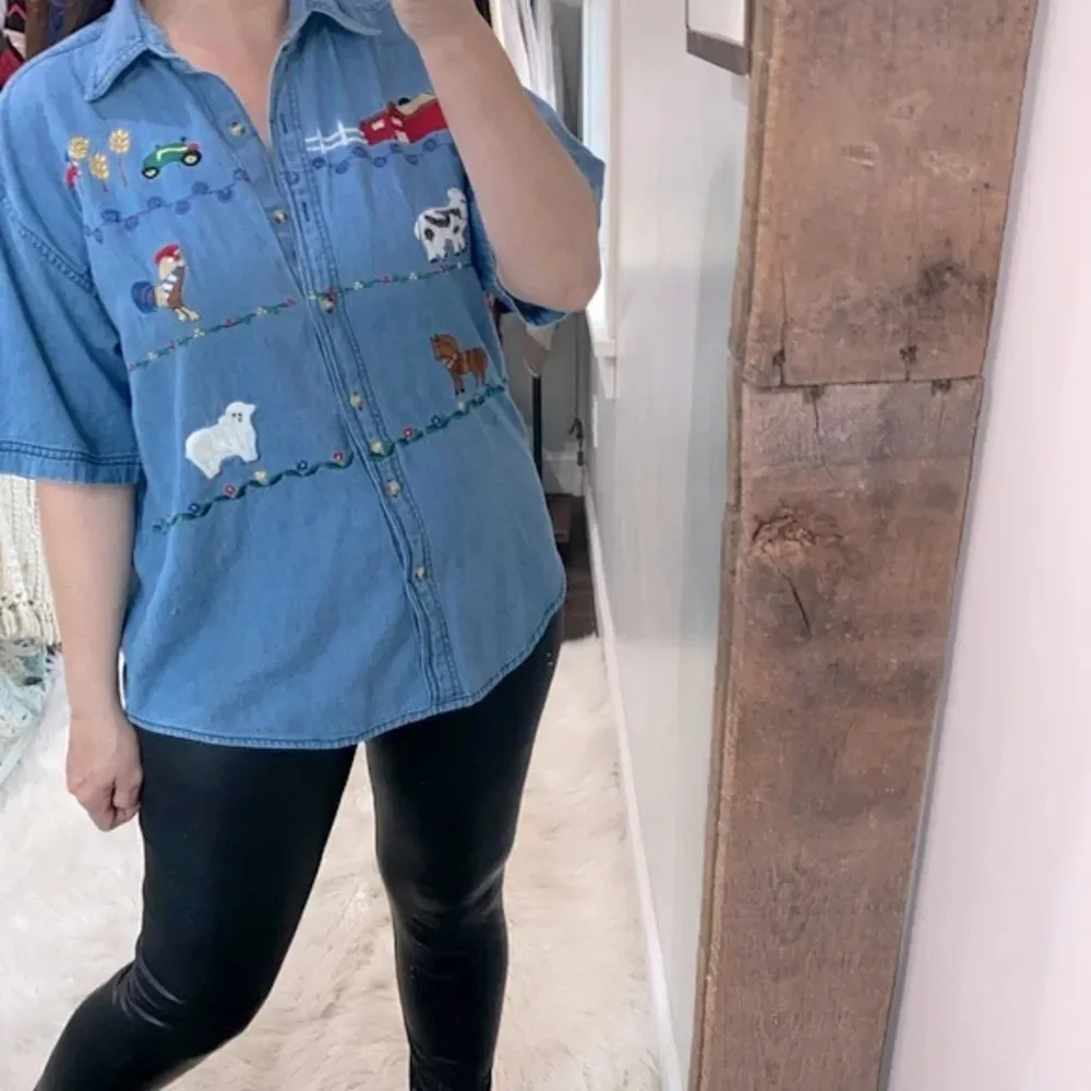 VINTAGE country western farm denim button down shirt size XLarge Blue - Image 2