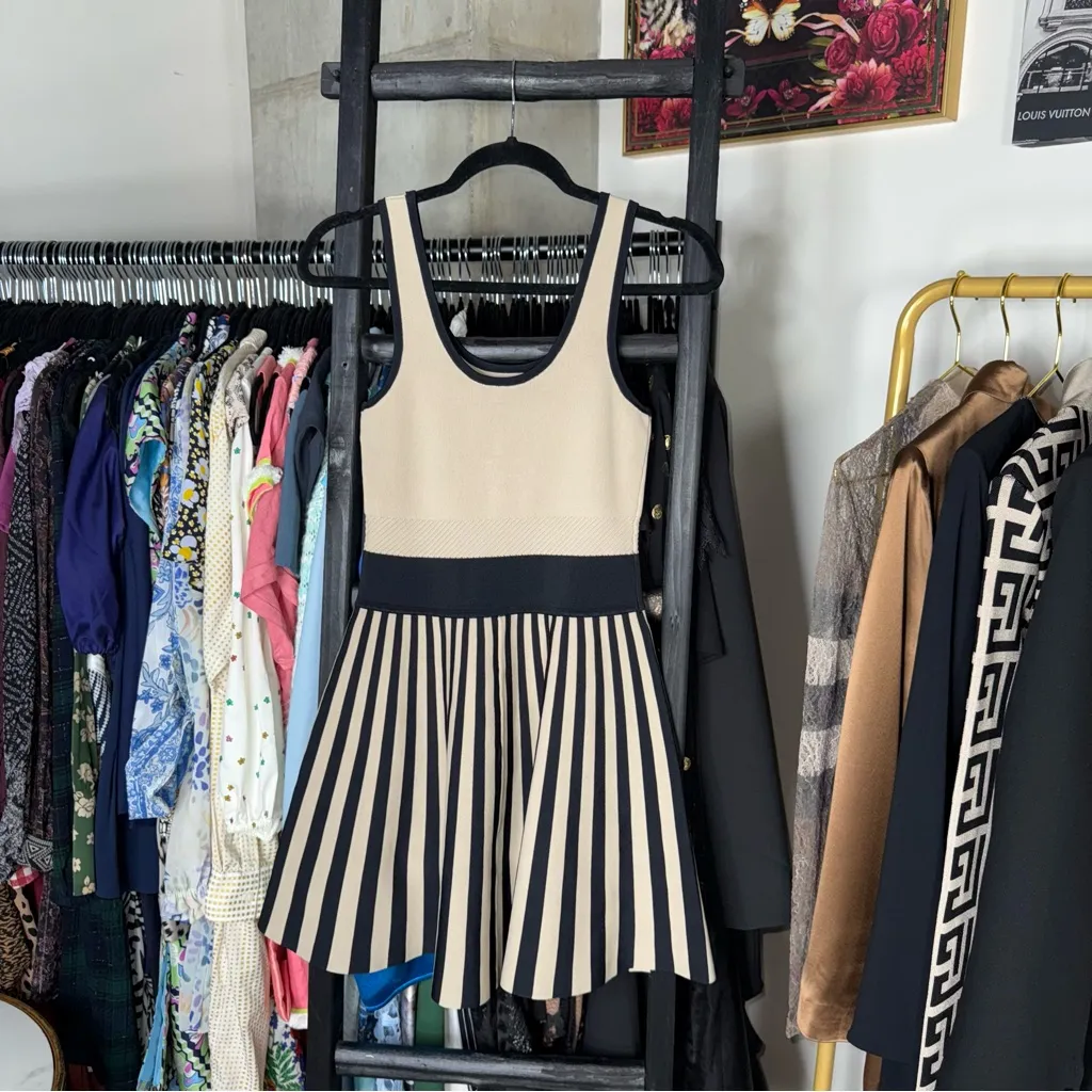 Guess Knit Fit & Flare Bandage Stripe Mini Dress Beige Black - Image 11