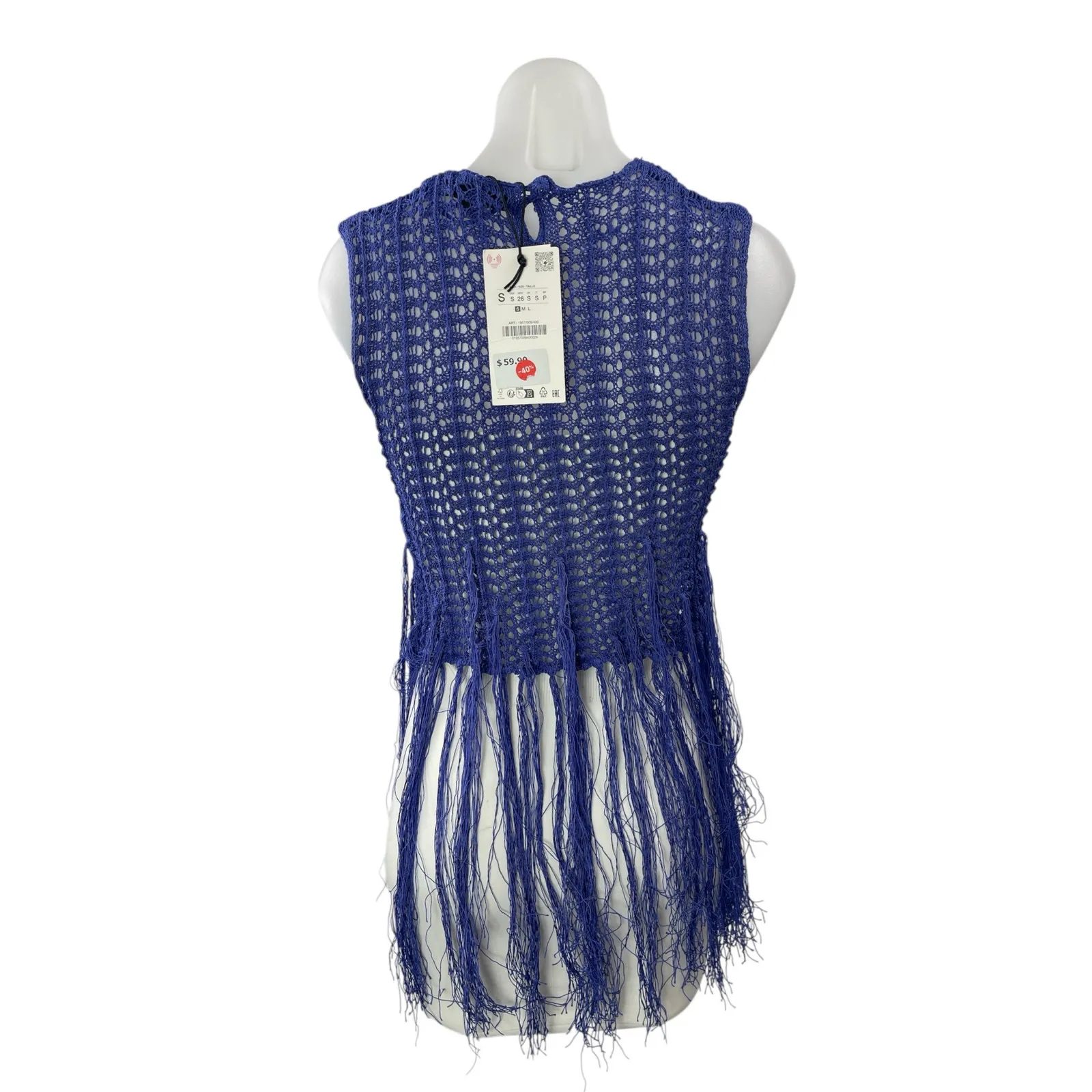 Zara Women's Blue Open Knit Crochet Sleeveless Fringe Swim Coverup Tank Top S - Image 2